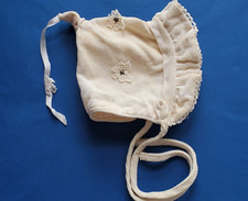 Vintage DOLL BONNET HAT Soft Corduroy Lace Trim Appliques w/ Rhinestones