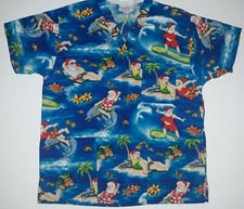 Christmas Scrubs Santa Claus Surfing Shirt Top Beach Blue Small Peaches Uniforms