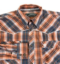 Cowboy Hardware Men Pearl Snap Long Sleeve Orange Gray Plaid Western Shirt Large