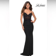 La Femme Ruched V Neck Black Formal Gown Size 4