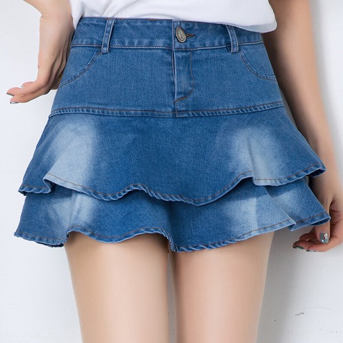 Damen Slim Hohe Taille Mini Jeansrock Plissiert Rüschen Kurz A-Linie Casual Rock - Bild 14 von 14