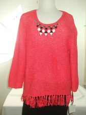 Ruby Rd Favorites Fringed Sweater Women L Orange Knit Top Embellished 3/4 Sleeve