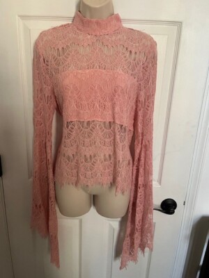 NWT MinkPink Drama Queen Lace Pink Pink Flare Bell Long Sleeves Top, Medium