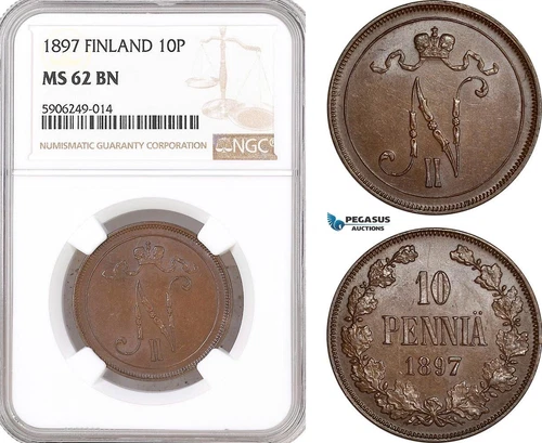 AF565, Finland, Nicholas II. of Russia, 10 Pennia 1897, NGC MS62BN