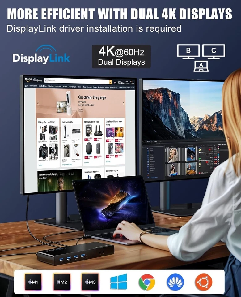 WAVLINK USB 3.0 Universal Laptop Docking Station,USB C to 5K/ Dual 4K @60Hz - Image 3 of 4