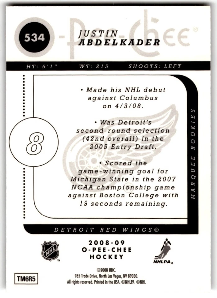 Justin Abdelkader 2008-09 O-Pee-Chee Metal Rookie #534 Detroit Red Wings - Image 2 of 2