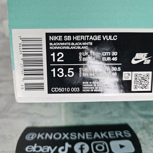 Nike SB Heritage Vulc Negro Blanco Zapatilla de Skate CD5010-003 Para hombres Talla 12 - Imagen 7 de 7