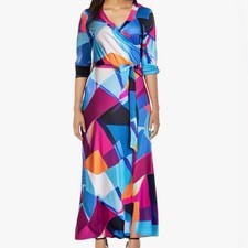 Womens Large Geometric Maxi Dress Faux Wrap Belted Colorful 3/4 Sleeve NWT