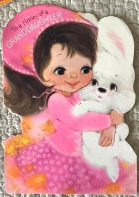 Vintage Easter Girl Hug Rabbit Bunny Pink Dress Hat Greeting Card 1950s 1960s