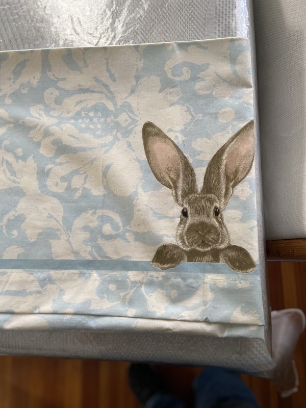 Williams Sonoma Damask Bunny Tablecloth 70"x108” BLUE * Easter Spring Vintage