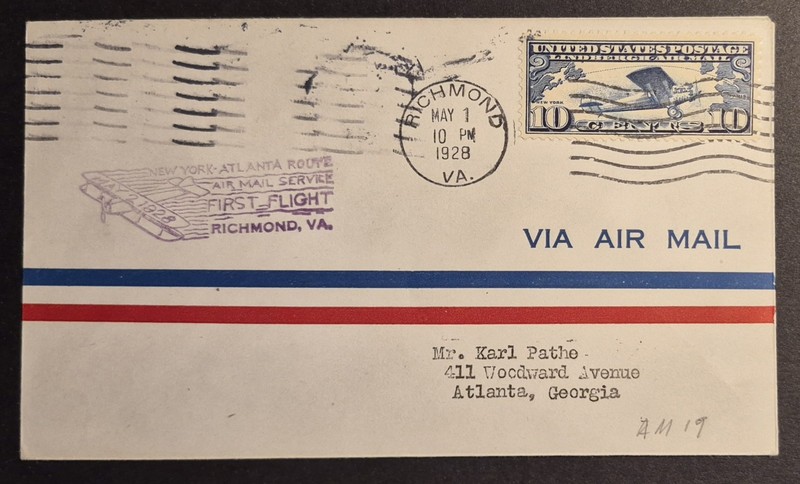 1928 US First Flight Richmond VA Atlanta GA Airmail CAM 19 19S4 Air Mail Cover