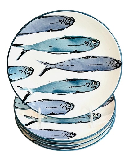 Papart Blue Fish Sardine Plates 8” Salad/Dessert Ocean Sea Life Beach ~Set Of 4