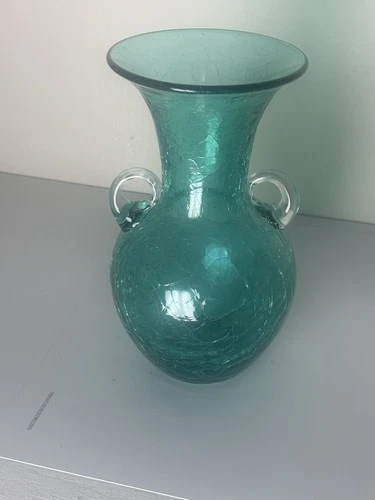 Blenko Glass Vintage Teal9” Vase Crackle Glass