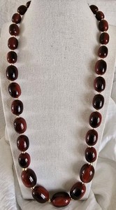 Authentic Art Deco Faturan Cherry Amber Beaded Necklace 10k Gold Plated Bead Screw Closure