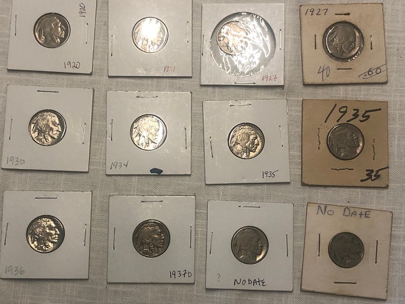 Lot Of 12 Coins Buffalo Nickel 1920-21 1927 1930 1934-36 1937D And No Date