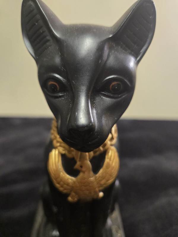 Egyptian Bastet Cat Statue Black Gold Hieroglyphic Gothic Decor Phoenix Necklace