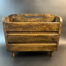 Vtg Solid Wood Magazine Rack MCM Rustic Farmhouse Handle Newspaper Vinyl Holder