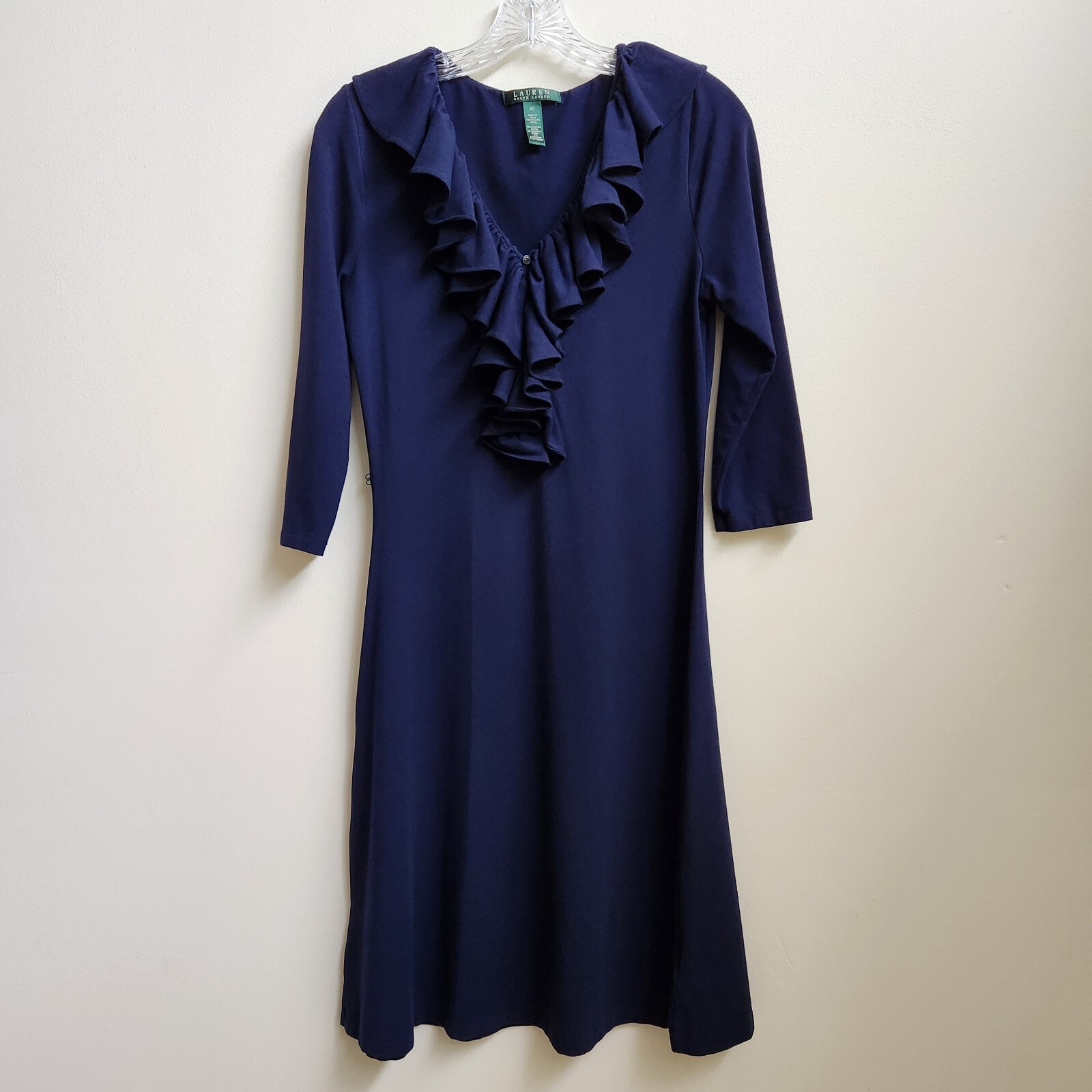 Lauren Ralph Lauren Navy Fit & Flare Ruffled Knit 3/4 Sleeve Dress Size XSmall