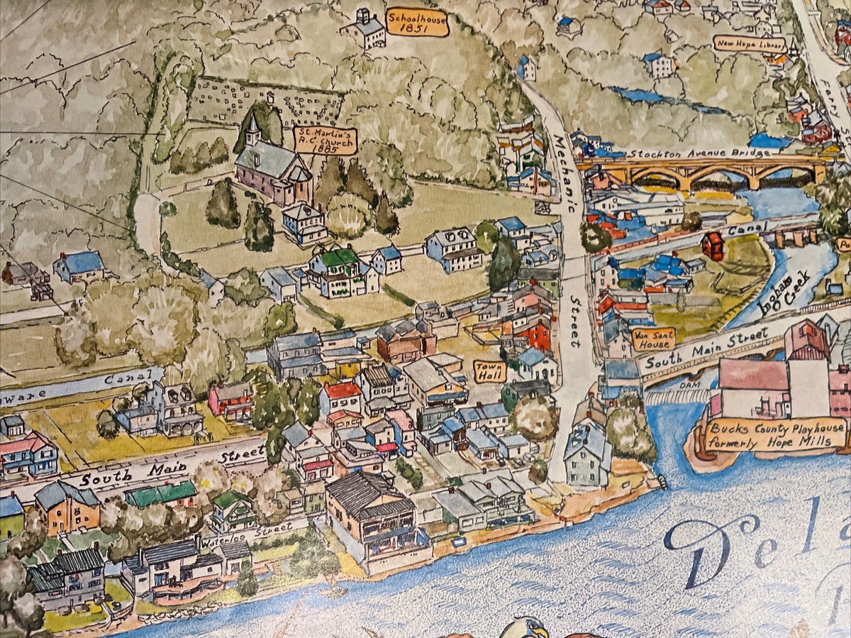 H.Morley画　「街角」 Vtg New Hope PA Map Print Illustrated by Joseph Crilley 1976