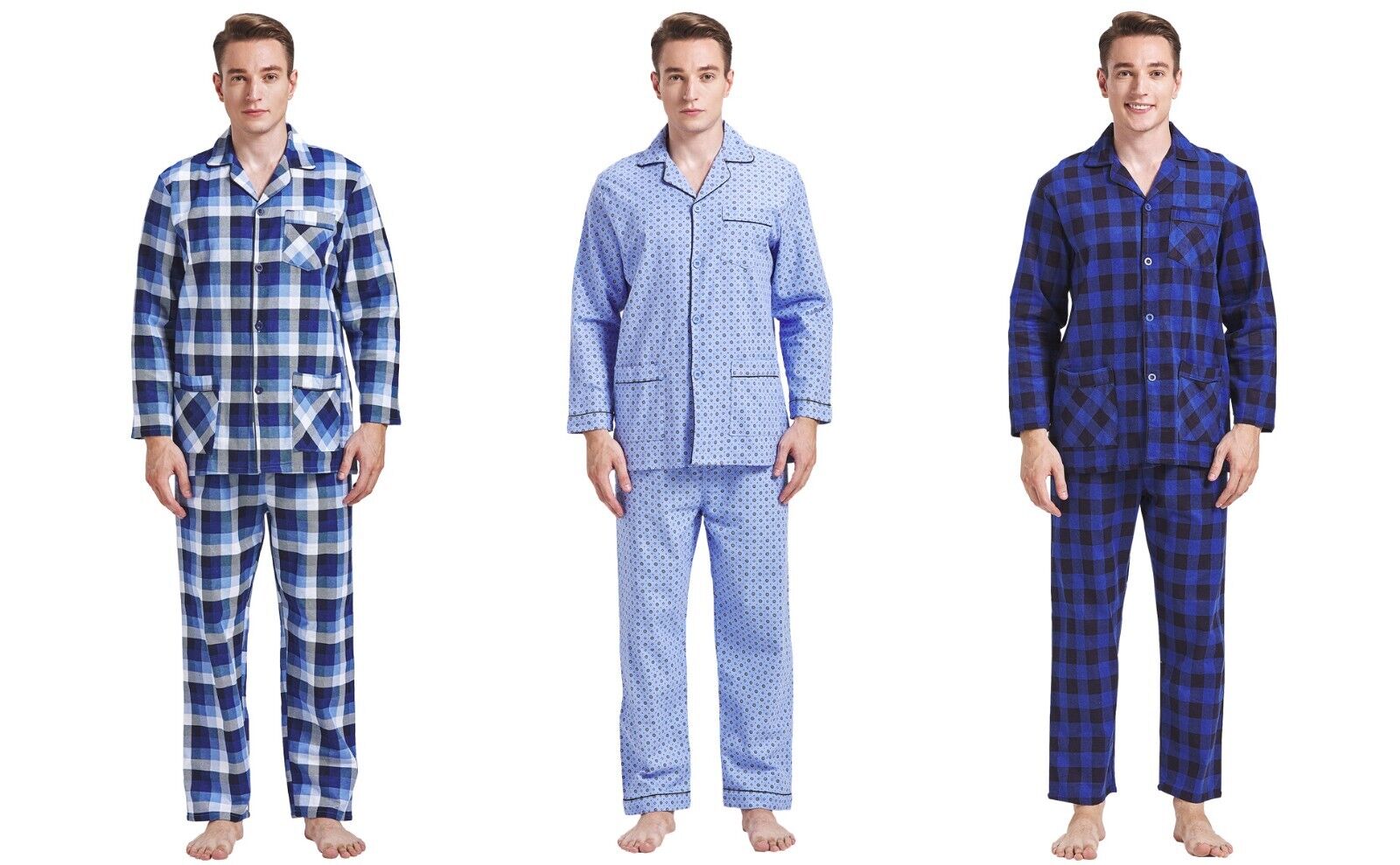 Men 100% Cotton Pajamas Set Long Sleeve Pjs Button Fly Pants Sleepwear Lounge