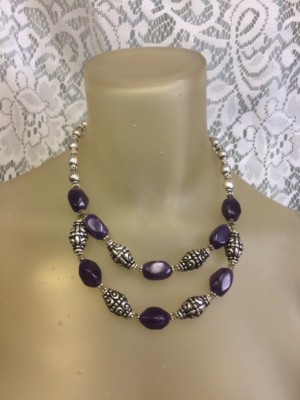 Silver-Tone Antiqued Beads and Purple Acrylic Beaded Two Layer Necklace 20''