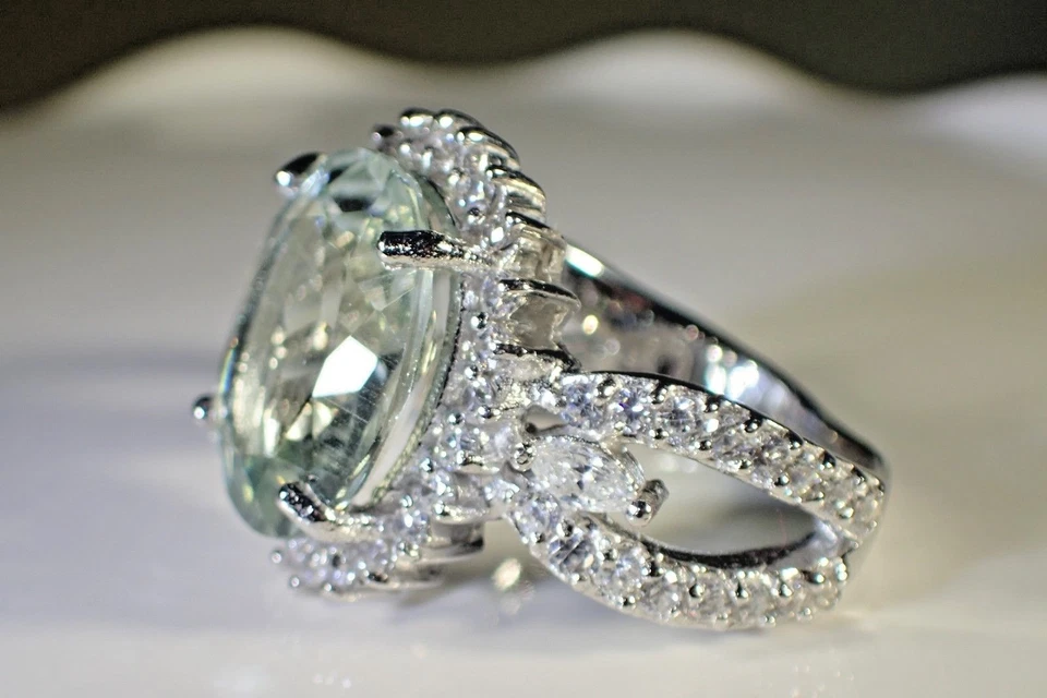 ANILLO NATURAL 14x12mm AMATISTA VERDE-WH CIRCONITA 925 PLATA 14k chapado en oro 7,25 #540 Foto 3 de 3