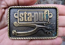 Vtg STA-PUF Belt Buckle SPUR Fabric Staley Western WASH Laundry Brass RARE VG+