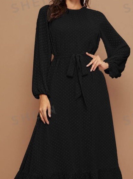 Long Sleeve Maxi Black Swiss Dot Dress Size Large