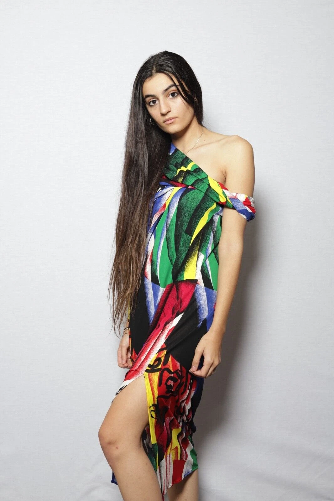 Abito VERSACE arte astratta Picasso spalle scoperte pronto all'uso autunno 2018 tg 42