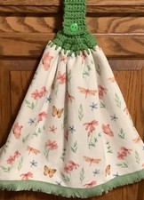 Double hanging kitchen towel garden butterflies flowers crocheted green top
