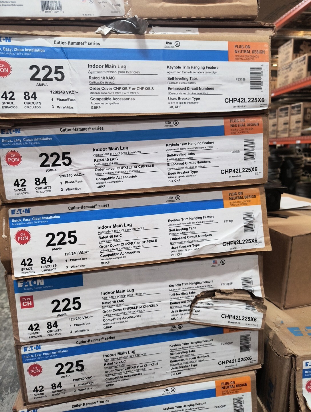 Eaton CHP42L225X6, 225A Main Lug, 120/240V, 1PH 3W, Loadcenter-E1540-NEW