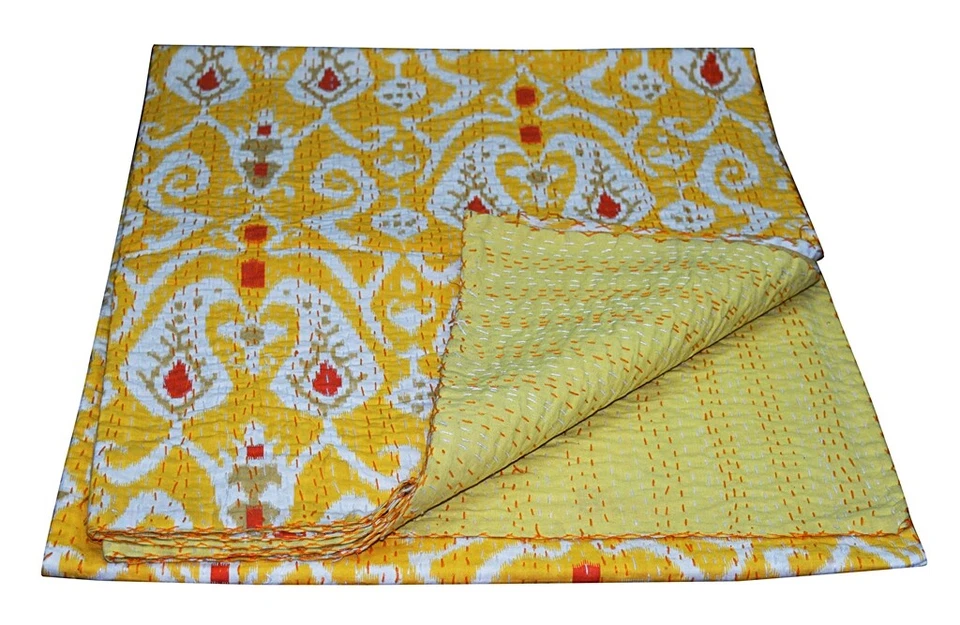 Edredón Kantha indio hecho a mano amarillo estampado cachemir doble ropa de cama boho Gudari Foto 2 de 4