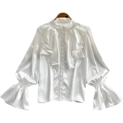 Women Ruffle Blouse Top Faux Silk Satin Puff Sleeve Retro Shirt Elegant New - Bild 9 von 21