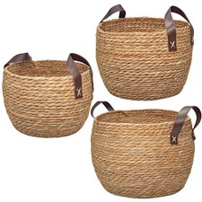 GIB Round Wicker Woven Seagrass Storage Baskets with Leather Handles Set of 3...