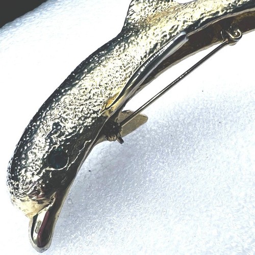 Vtg Porpoise Dolphin Figural Shoulder Brooch 4" Gold Tone Rhinestone Nautical