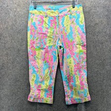 Lilly Pulitzer Capri Pants Women 6 Blue Pink Floral Dragonfly Stretch Vintage