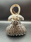 Vintage Mid Century Murano Sommerso Art Glass Basket Handbag Vase Brown & White