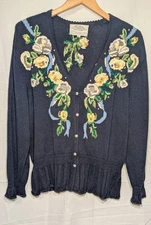 Susan Bristol VTG Womens Floral Embroidered Cardigan L Crochet Cottagecore 90s