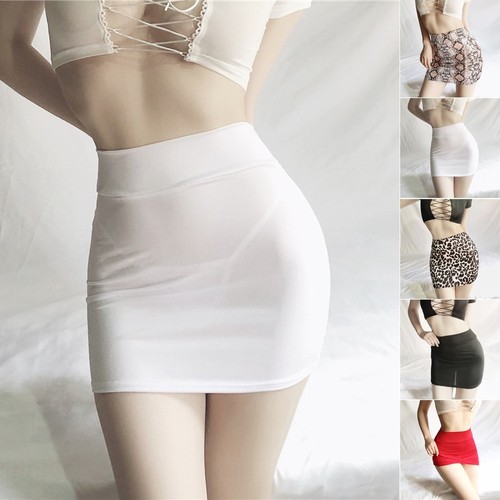 Women-Glossy Brillant Taille Haute Jupe Crayon Extensible Moulant