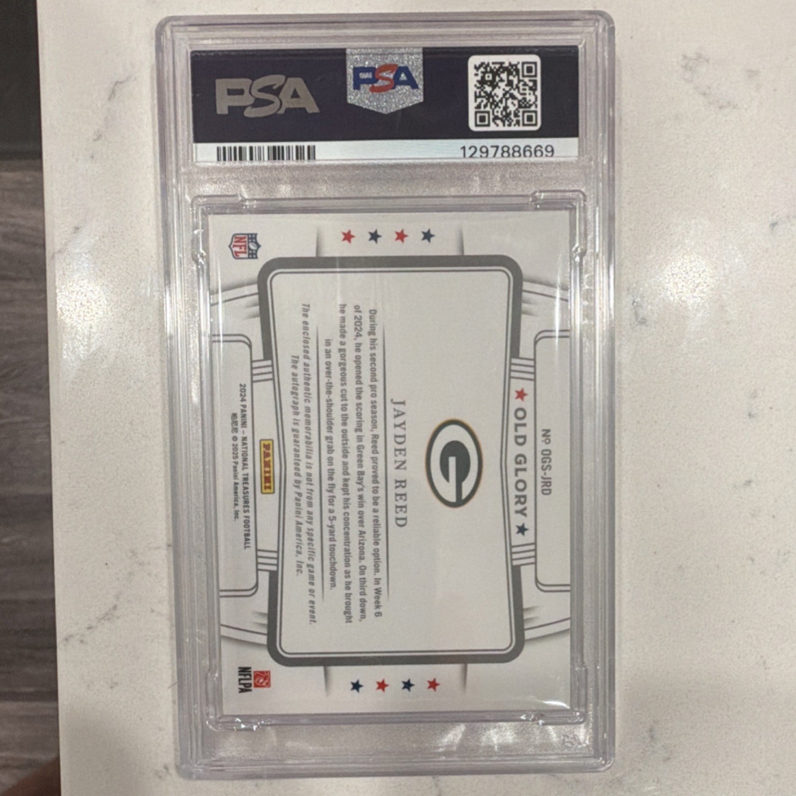 2024 Panini National Treasures Old Glory Jayden Reed Packers 1/1 Auto PSA 8 view 5