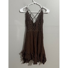 Urban Outfitters Brown Crochet Lace Mini Dress Medium Boho Y2K Ruffle Hem