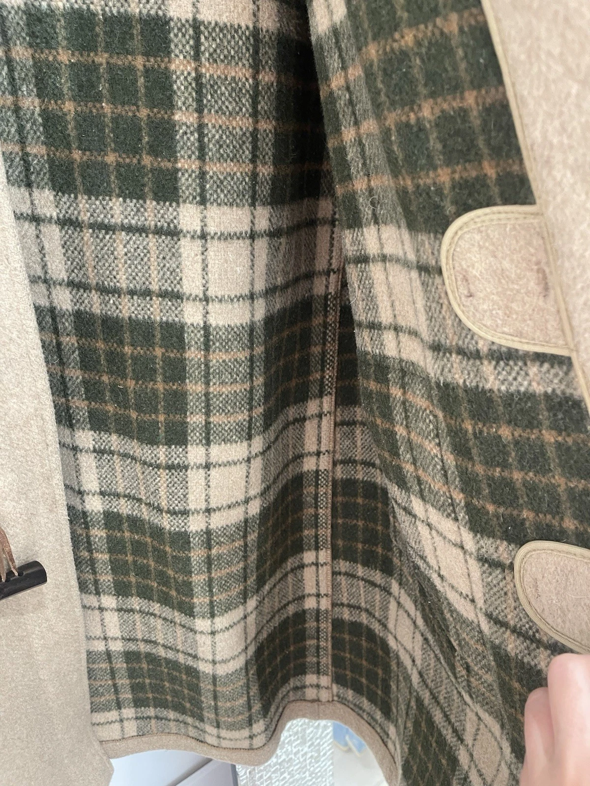 Gloverall Men's Beige Long Duffle Coat Hooded Toggle Closure Plaid Lined image 5