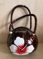 Vintage Hawaii Coconut Shell Purse Hand Painted Hibiscus Flower Beaded Handles