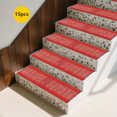Rubber Non-Slip Backing 15pcs Red Geometric Pattern Stair Carpet, Non-Slip Sta