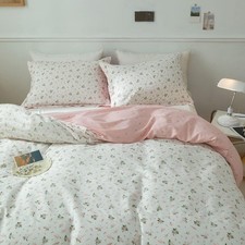 Pink Floral Duvet Cover Full Size Cotton Garden Bedding Sets Girls White Comf...