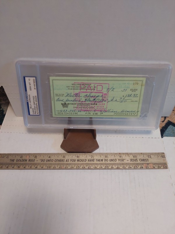 Billy Herman Gem Mint 10 PSA DNA Signed Bank Check HOF
