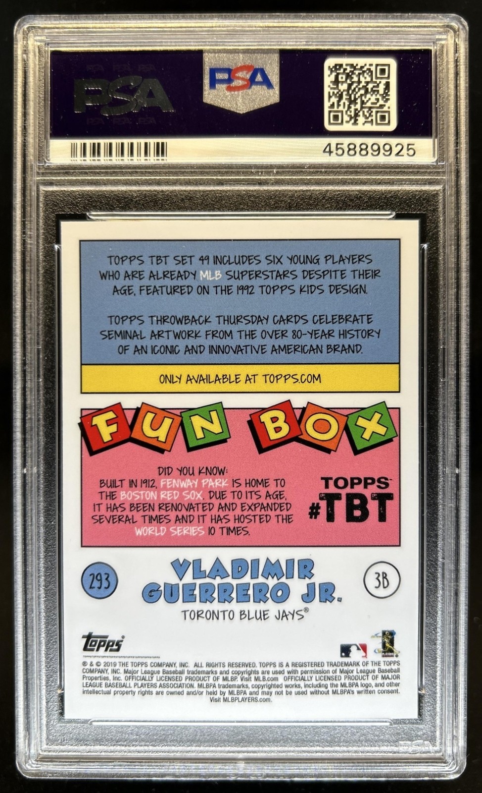 2019 Topps Throwback Thursday Vladimir Guerrero Jr. RC #293 Blue Jays PSA 10 view 2
