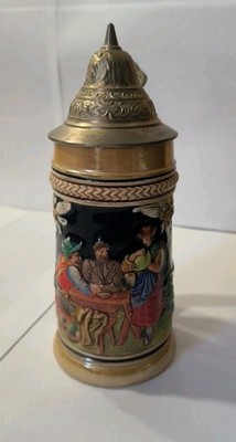 German Beer Stein w/ Pewter Lid, West Germany Golden Crown E&R 7.5'' vintage 