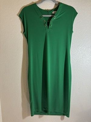 Calvin Klein Sleeveless Emerald Green Swing dress V-neck gold  embellishments P4 | eBay
