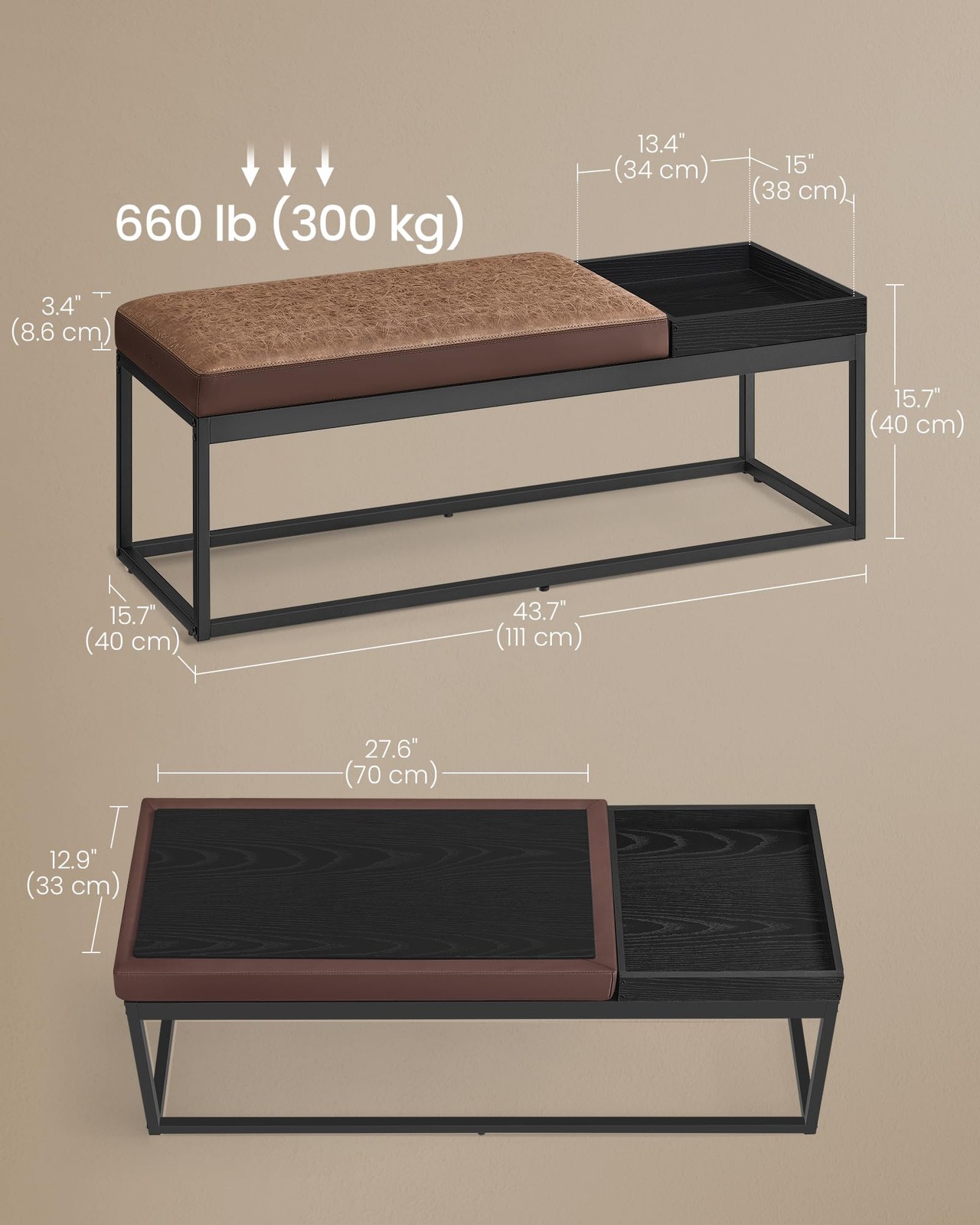 LUIZ Ottoman Bench with Tray Storage Shoe Rack Steel Frame Walnut Brown